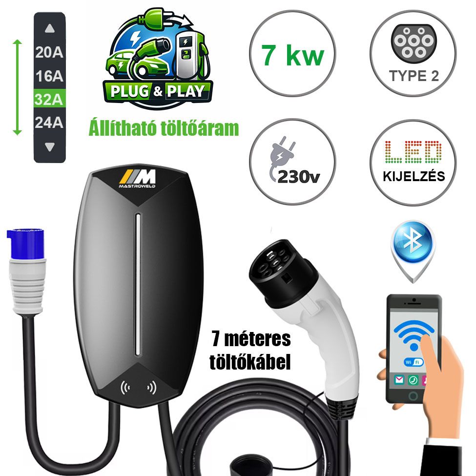 Mastroweld EVoCHARGE fali elektromos autó töltő, 7 kW, 7 m termék fő termékképe