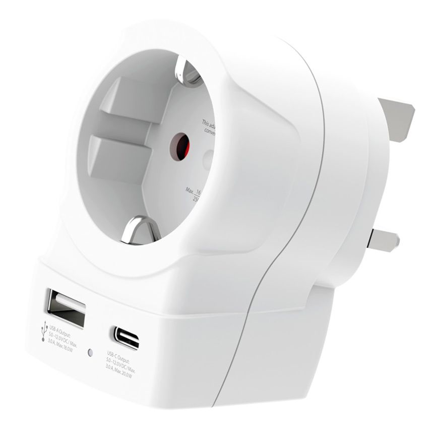 Skross Europe - UK utazóadapter USB-C + USB-A (20W PD, gyorstöltés, fehér) termék fő termékképe