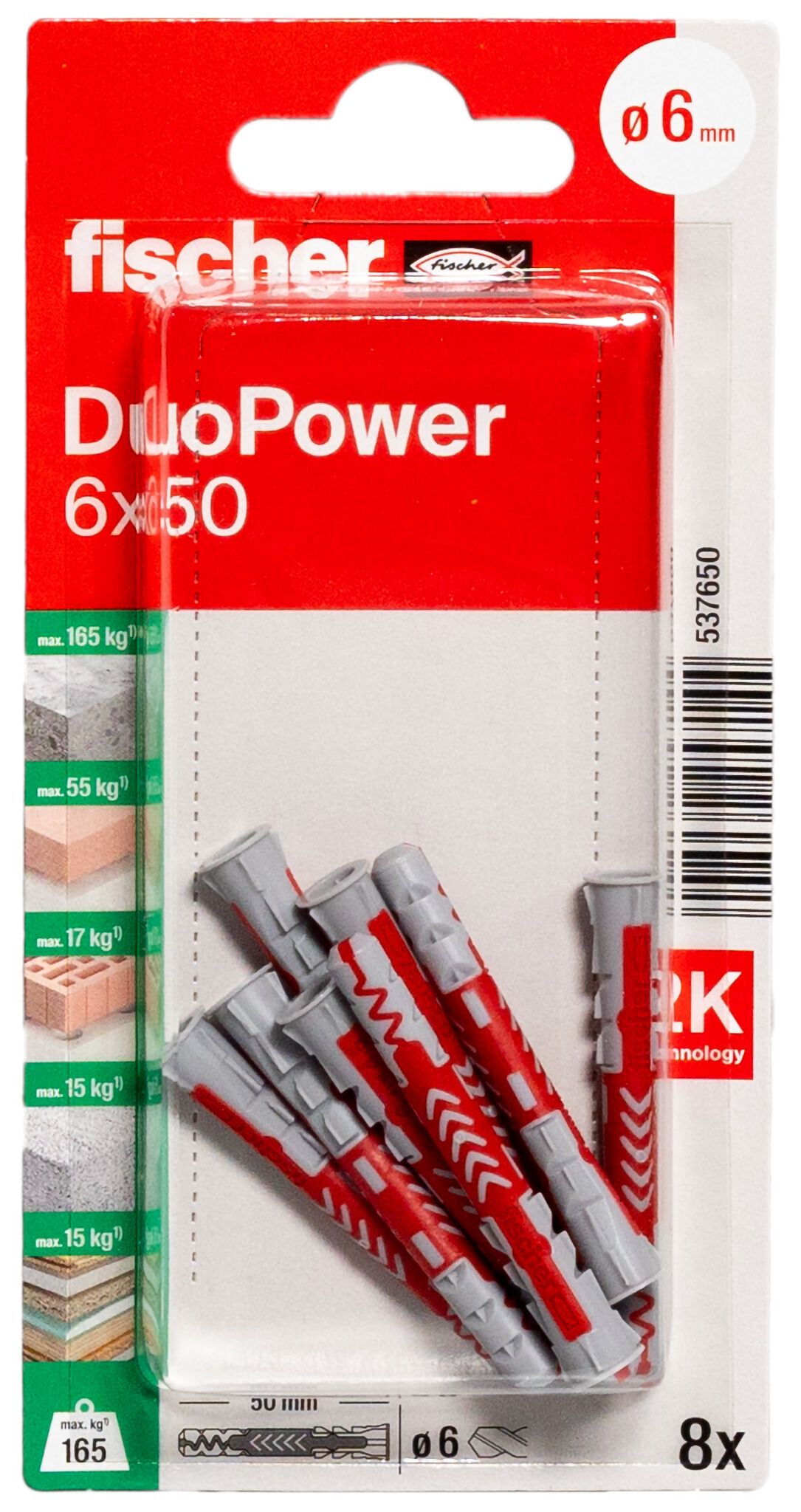 Fischer DuoPower kétkomponensű nylon dübel 6 x 50 K - csavar nélkül, bliszteres, 8 db/csomag termék fő termékképe